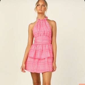 Hello Molly Tie Neck Ruffle Pink Gingham Dress NEW